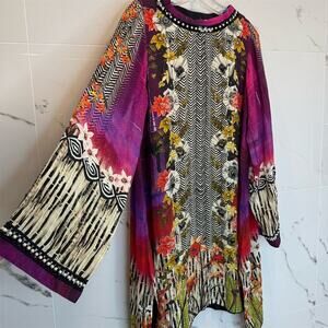 Art-to-wear Sapphire Floral Embroidered Beaded Tunic Dress Bell Sleeve Silk sz M